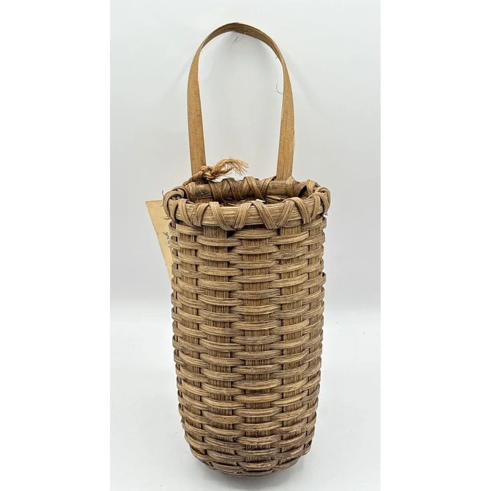 Handmade Wicker Hanging Wall Basket Brown Wall Pocket Skinny Coastal Cottage 7" - Picture 3 of 11